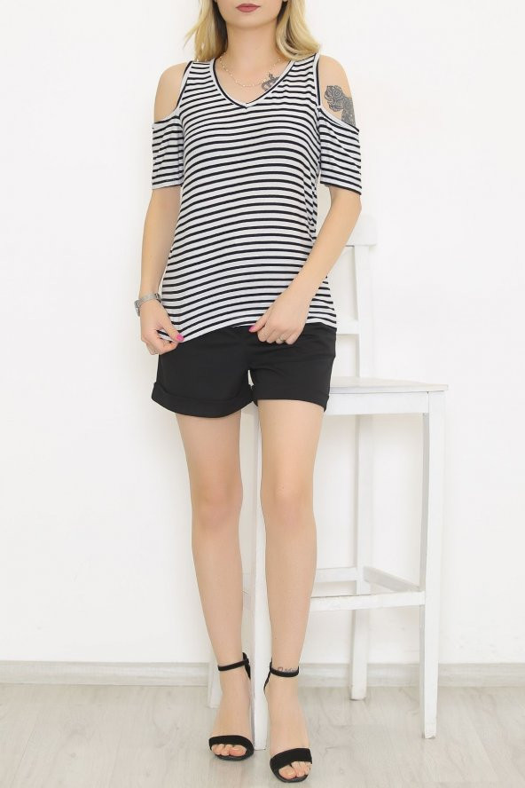 Çizgili Omuz Dekolteli Bluz Siyahçizgili - 9670.139. - 2