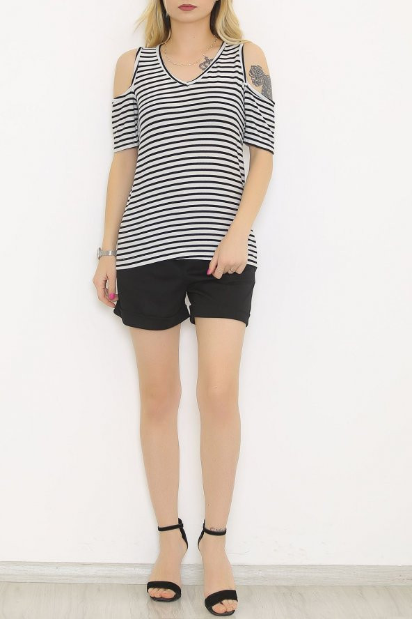 Çizgili Omuz Dekolteli Bluz Siyahçizgili - 9670.139. - 4