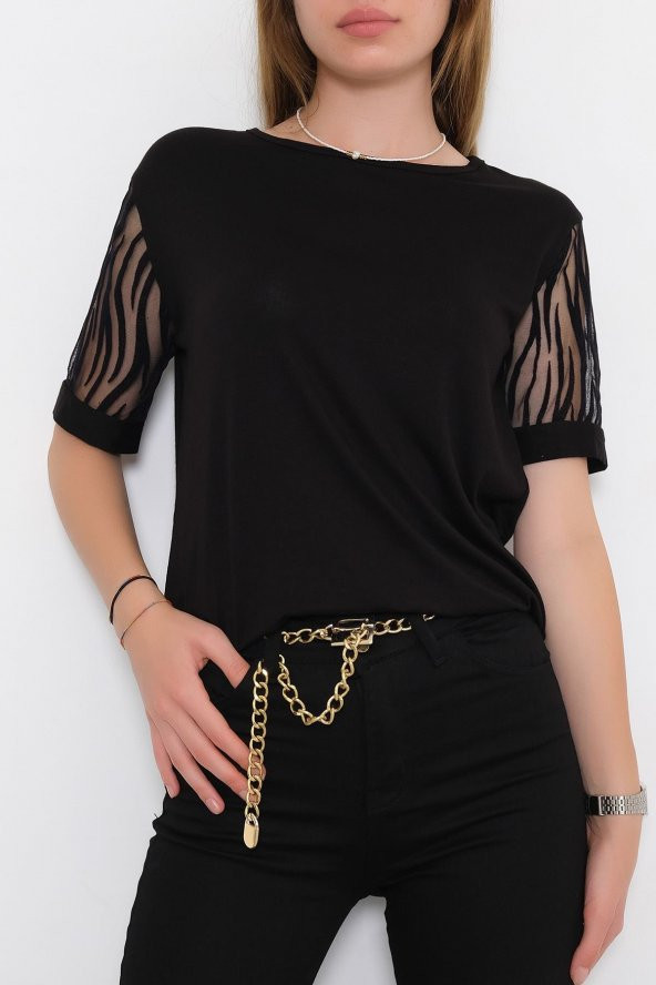 Kolu Tül Detaylı Bluz Siyah - 9832.139. - 3