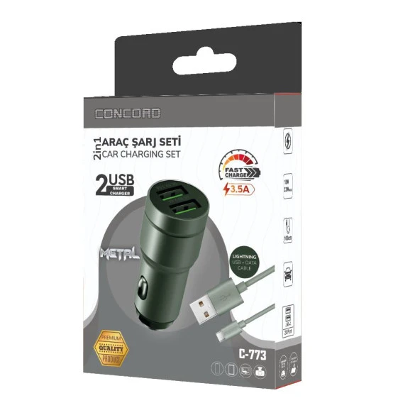 Concord C-773 Lightning Kablo ve Metal Başlık Hızlı Araç Şarj Seti 2.4 + 3.5A 23W - 3