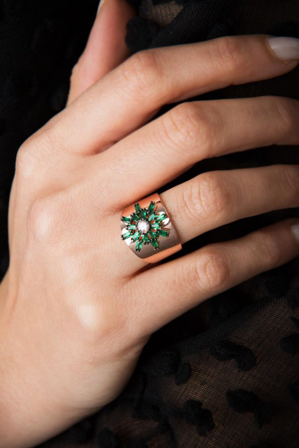 Kadın Ayarlanabilir Yeşil Taşlı Güneş Model 925 Ayar Gümüş  Yüzük - 2