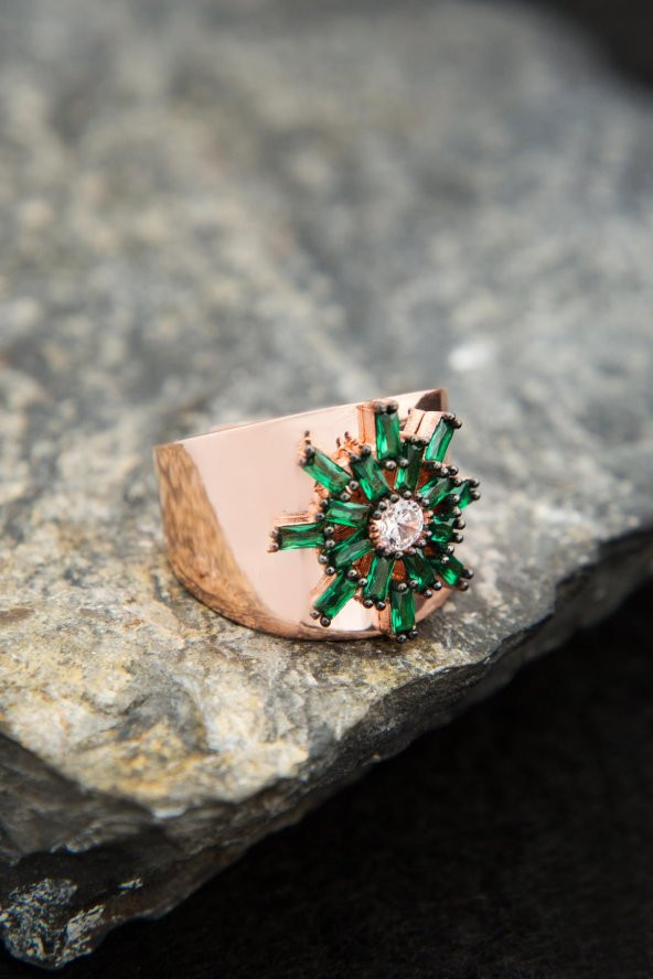 Kadın Ayarlanabilir Yeşil Taşlı Güneş Model 925 Ayar Gümüş  Yüzük - 4