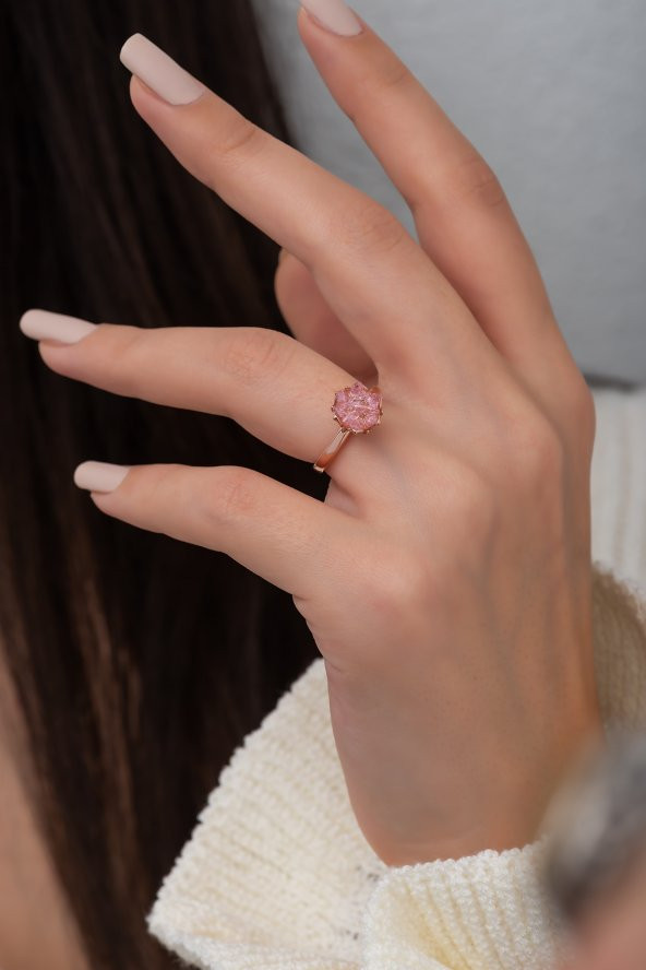Kadın Lotus Çiçeği Pembe Taşlı Ayarlanabilir Rose Gold Kaplama  925 Ayar Gümüş Yüzük - 2