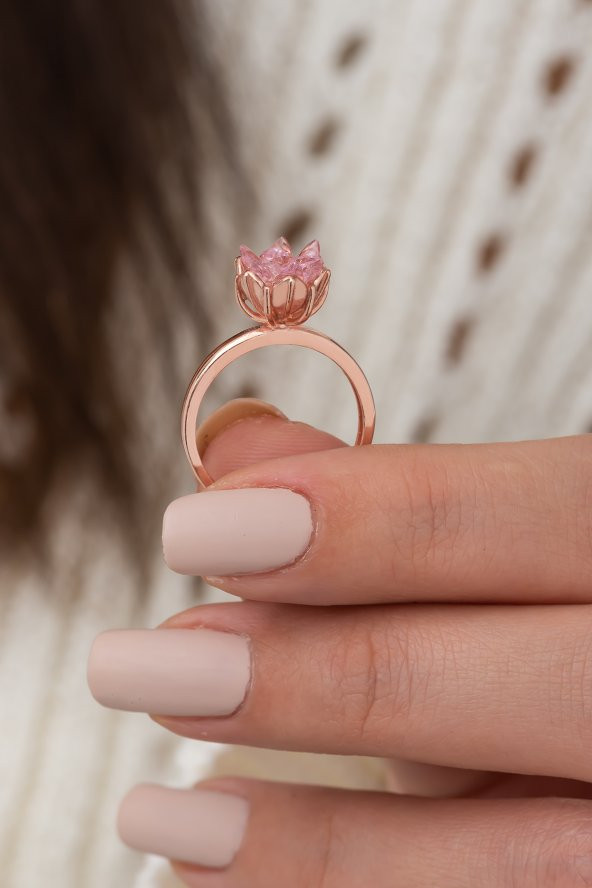 Kadın Lotus Çiçeği Pembe Taşlı Ayarlanabilir Rose Gold Kaplama  925 Ayar Gümüş Yüzük - 3