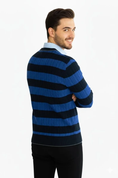 Erkek V yaka Çizgili Triko Kazak 5002T - Resim 10