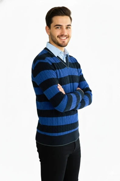 Erkek V yaka Çizgili Triko Kazak 5002T - Resim 11