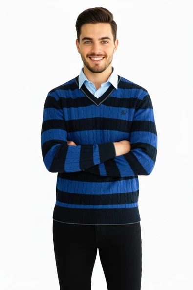 Erkek V yaka Çizgili Triko Kazak 5002T - Resim 8