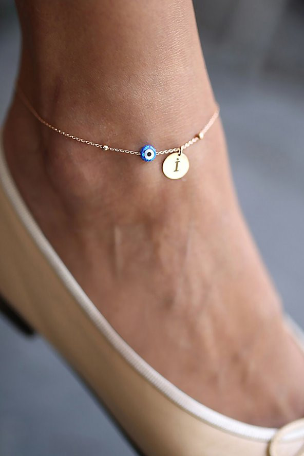 Kadın Nazar Boncuklu İ Harfli Plaka Model 925 Ayar Gümüş Halhal