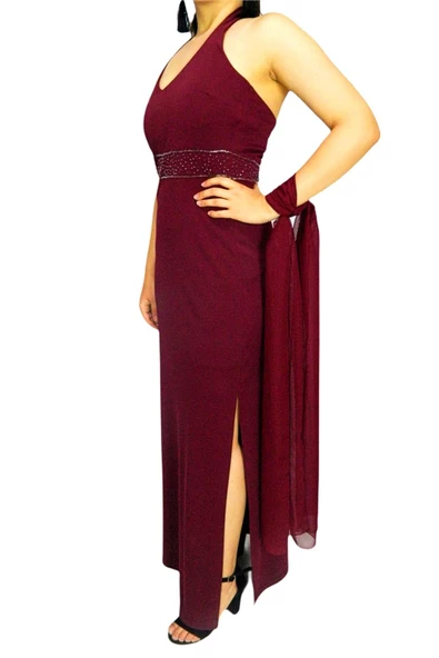 Kadın Kırmızı Beli İşli Abiye Elbise RS2134 - Resim 8