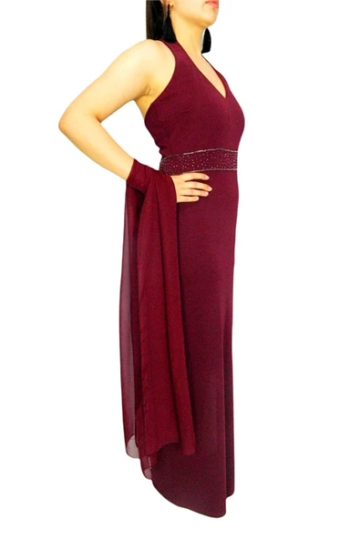 Kadın Kırmızı Beli İşli Abiye Elbise RS2134 - Resim 4