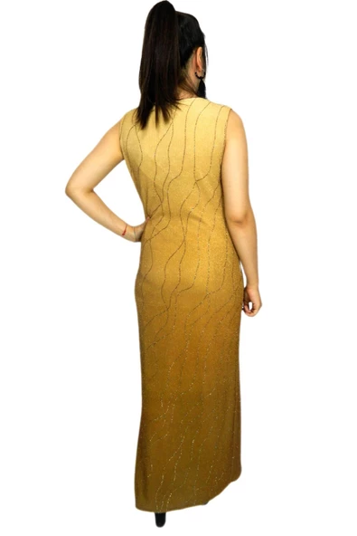 Kadın Açık Kahve Simli Taşlı Uzun Elbise PRT66084 - Resim 4