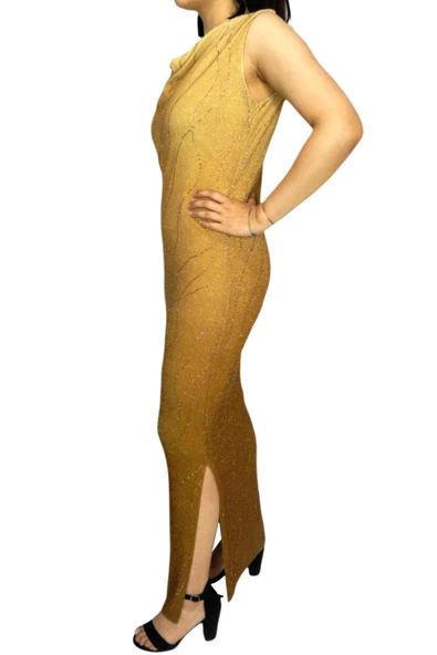 Kadın Açık Kahve Simli Taşlı Uzun Elbise PRT66084 - Resim 3