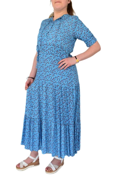 Kadın Çiçekli Kol Büzgülü Yaka Bağcıklı Elbise BGL-ST02110 - Resim 2