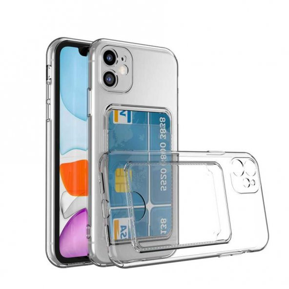 Apple iPhone 12 Kılıf Kartlıklı Şeffaf Card Holder Clear Silikon Kapak