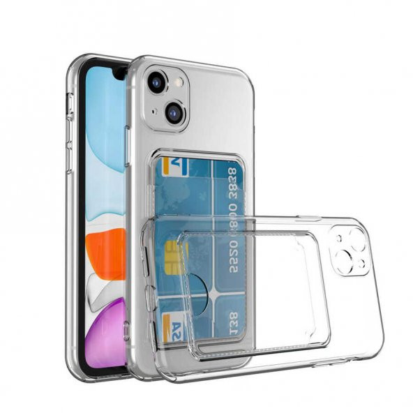 Apple iPhone 13 Kılıf Kartlıklı Şeffaf Card Holder Clear Silikon Kapak