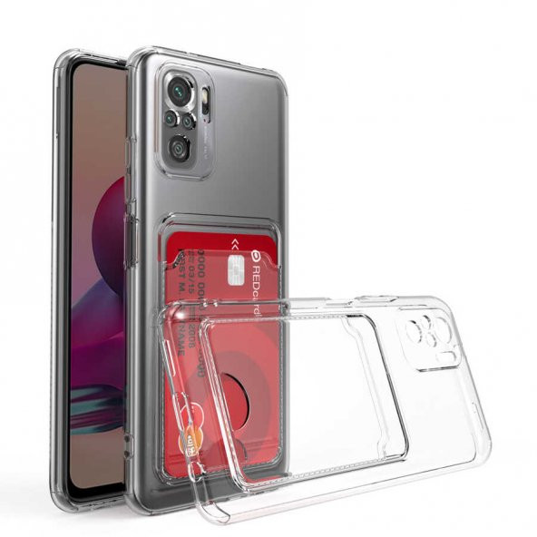 Xiaomi Redmi Note 10S Kılıf Kartlıklı Şeffaf Card Holder Clear Silikon Kapak