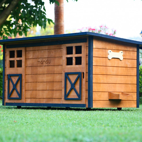 Mandu Ahşap İkiz Köpek Kulübesi (2 Yuva Tek Kulübe) İsimlik Ve Mama Kabı