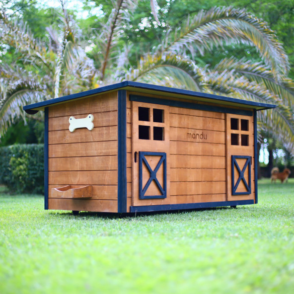 Mandu Ahşap İkiz Köpek Kulübesi (2 Yuva Tek Kulübe) İsimlik Ve Mama Kabı - 2