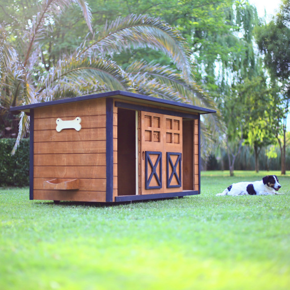 Mandu Ahşap İkiz Köpek Kulübesi (2 Yuva Tek Kulübe) İsimlik Ve Mama Kabı - 4