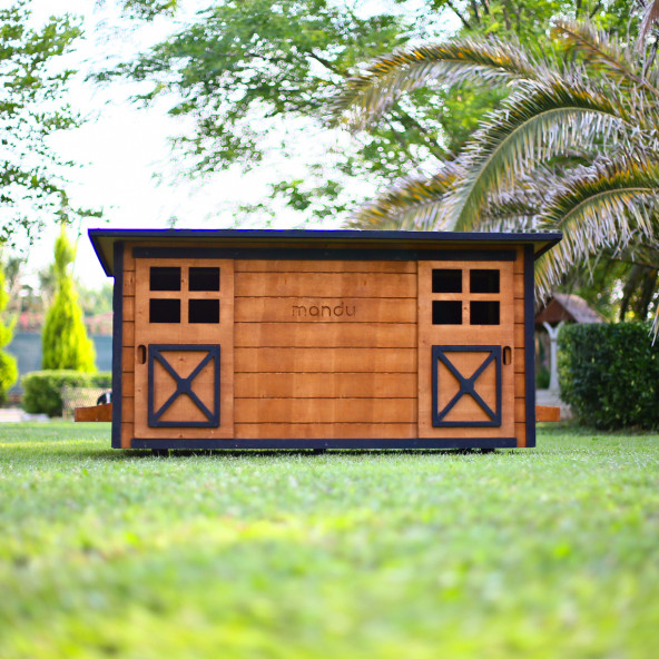 Mandu Ahşap İkiz Köpek Kulübesi (2 Yuva Tek Kulübe) İsimlik Ve Mama Kabı - 6