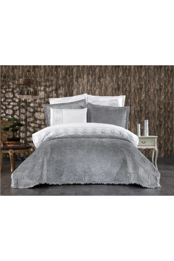 Blenda Lüx Nakışlı Çeyiz Paketi 9 Parça Gri - Resim 3