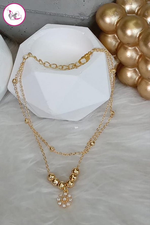 Çelik İki Sıra Kararmaz Kar Tanesi Figürlü Gold Halhal 26 cm - 2