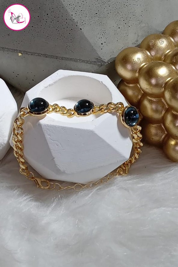 Çelik Tek Sıra Kararmaz Mavi Taşlı Zincir Gold Halhal 21 cm - 2