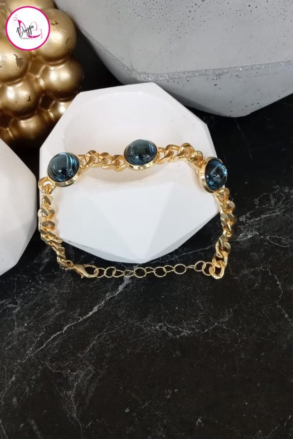 Çelik Tek Sıra Kararmaz Mavi Taşlı Zincir Gold Halhal 21 cm - 3