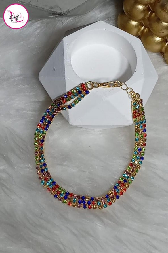 Çelik Tek Sıra Renkli Küçük Taşlı Gold Halhal - 5
