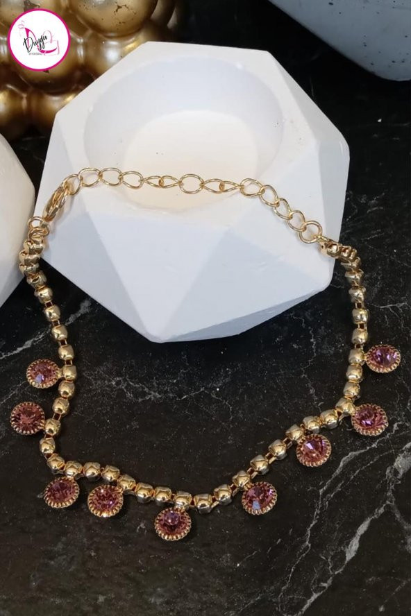 Çelik Tek Sıra Renkli Yuvarlak Taşlı Gold Halhal - 8