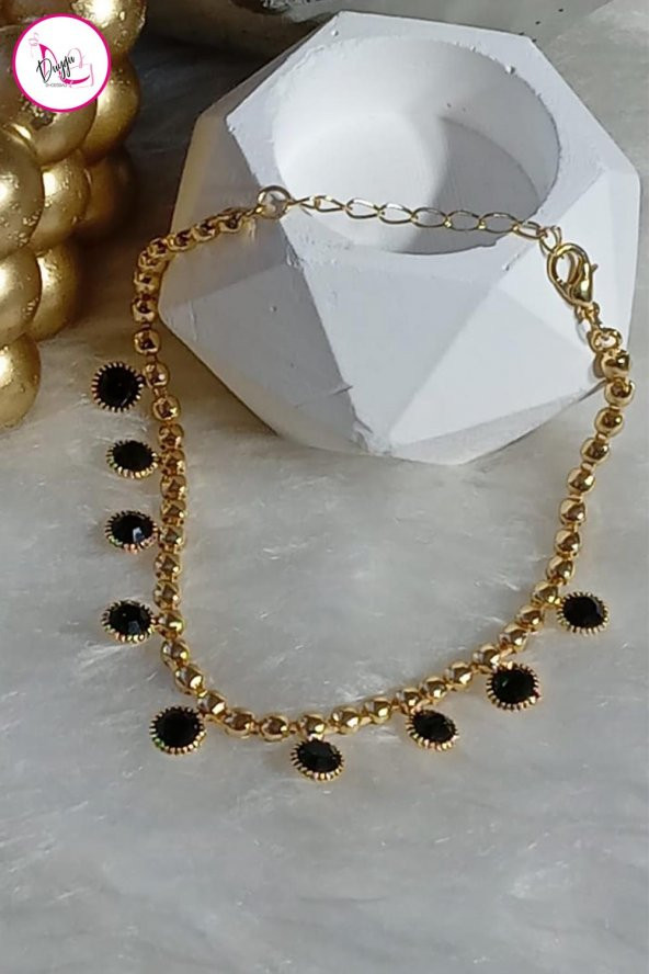 Çelik Tek Sıra Renkli Yuvarlak Taşlı Gold Halhal - 10