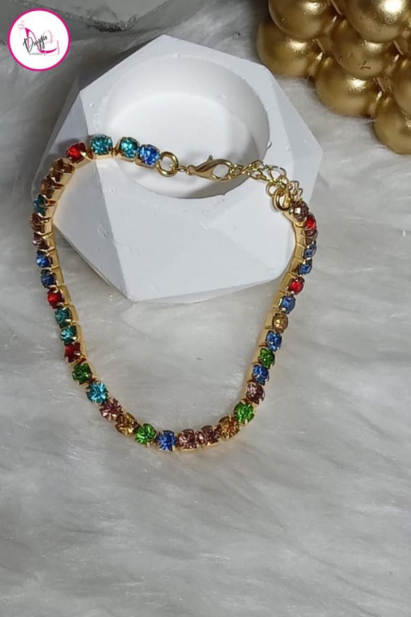 Çelik Tek Sıra Renkli Taşlı Gold Halhal - 2