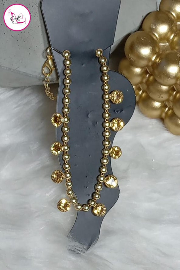 Çelik Tek Sıra Renkli Yuvarlak Taşlı Gold Halhal - 3