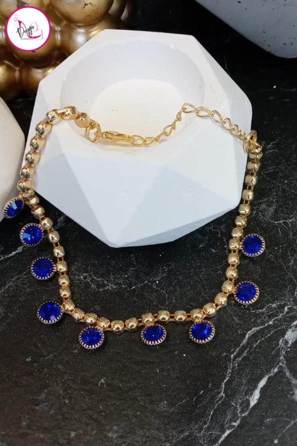 Çelik Tek Sıra Renkli Yuvarlak Taşlı Gold Halhal - 5