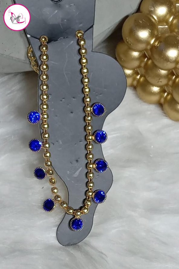 Çelik Tek Sıra Renkli Yuvarlak Taşlı Gold Halhal - 6