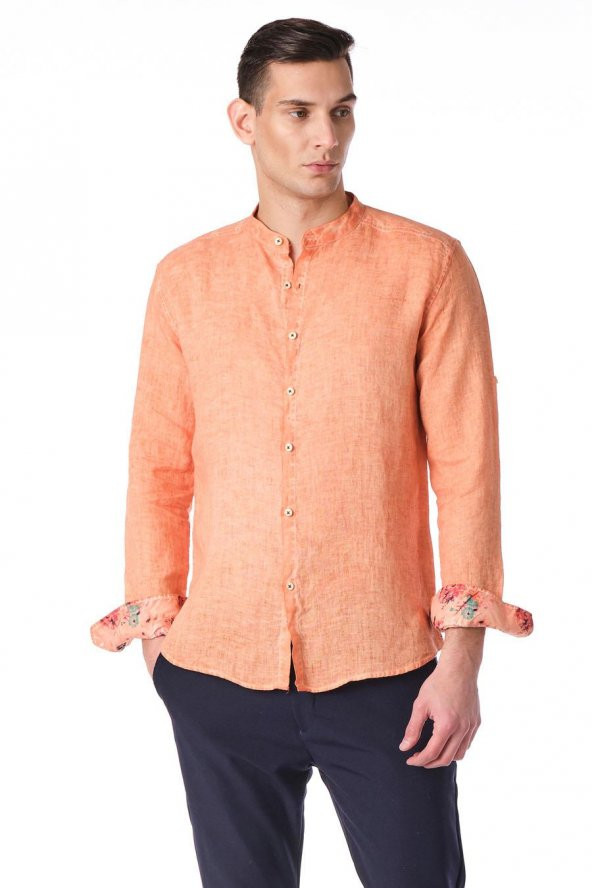 Erkek Regular Fit %100 Keten Cep Detaylı Manşet Desenli Gömlek