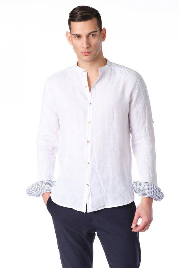 Erkek Regular Fit %100 Keten Cep Detaylı Manşet Desenli Gömlek - 2