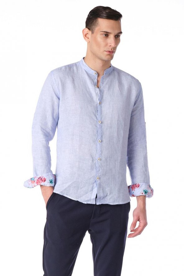 Erkek Regular Fit %100 Keten Cep Detaylı Manşet Desenli Gömlek - 3