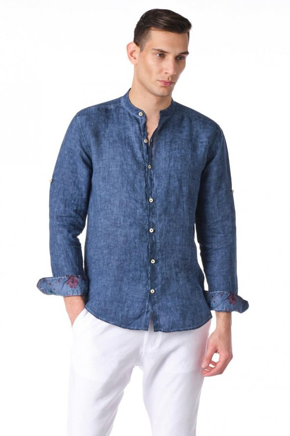 Erkek Regular Fit %100 Keten Cep Detaylı Manşet Desenli Gömlek - 5