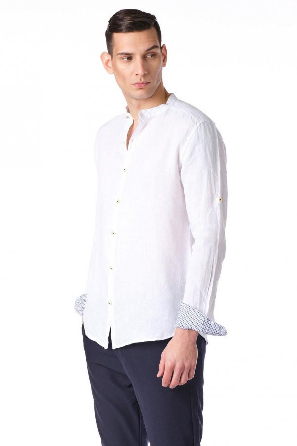 Erkek Regular Fit %100 Keten Cep Detaylı Manşet Desenli Gömlek - 6