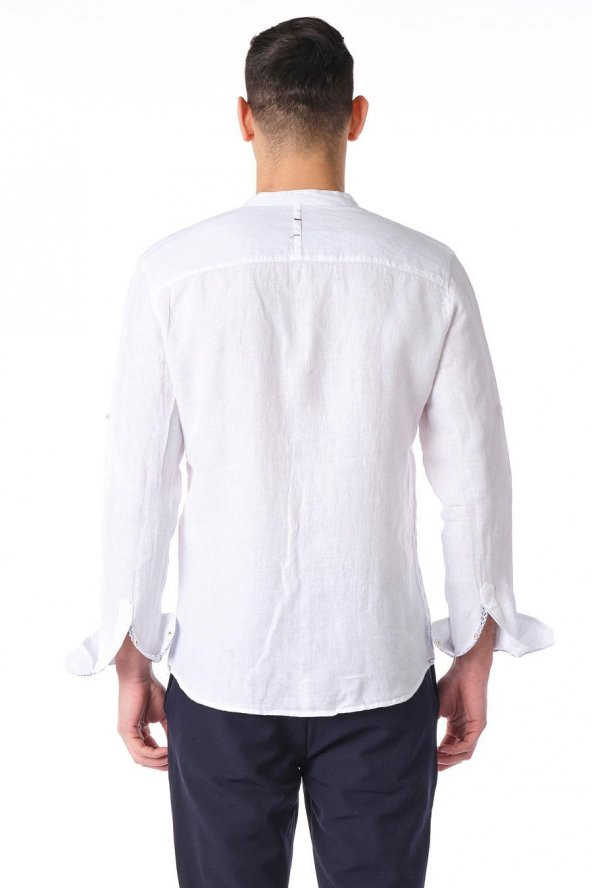 Erkek Regular Fit %100 Keten Cep Detaylı Manşet Desenli Gömlek - 7