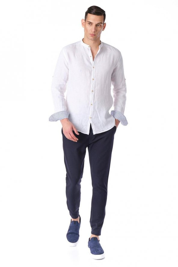 Erkek Regular Fit %100 Keten Cep Detaylı Manşet Desenli Gömlek - 8