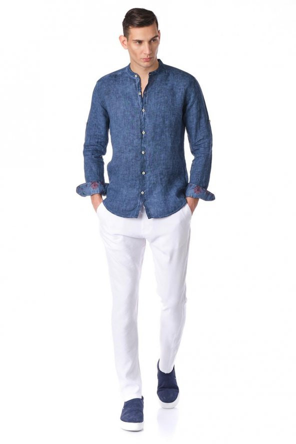 Erkek Regular Fit %100 Keten Cep Detaylı Manşet Desenli Gömlek - 9