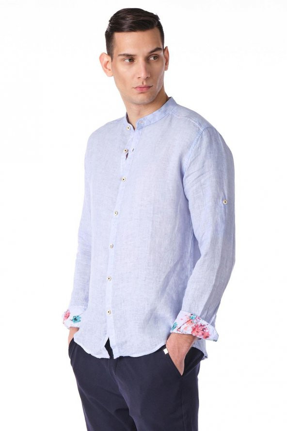 Erkek Regular Fit %100 Keten Cep Detaylı Manşet Desenli Gömlek - 10