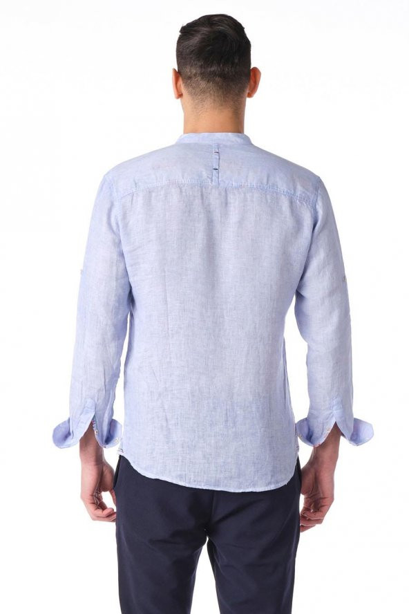 Erkek Regular Fit %100 Keten Cep Detaylı Manşet Desenli Gömlek - 11