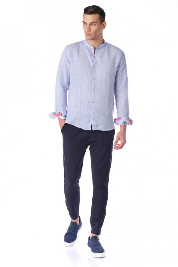 Erkek Regular Fit %100 Keten Cep Detaylı Manşet Desenli Gömlek - 12