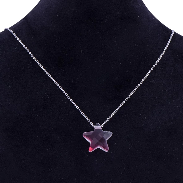 Bordo Renk Geçişli Yıldızlı 925 Ayar Kadın Gümüş Kolye - 2