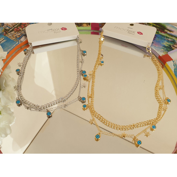 Mavi Boncuklu Zincir Kolye 2'li ürün görseli