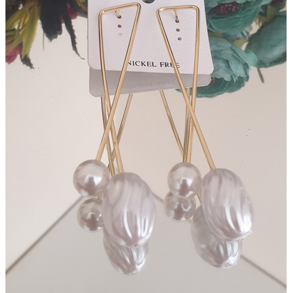 İnci Uzun Elips Uçlu Küpe - Resim 2