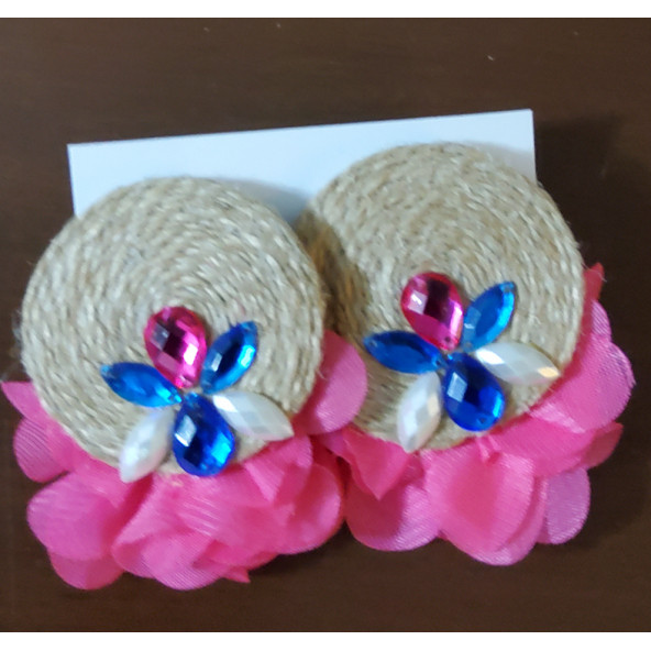 Pembe Çiçekli Hasır Küpe - 2